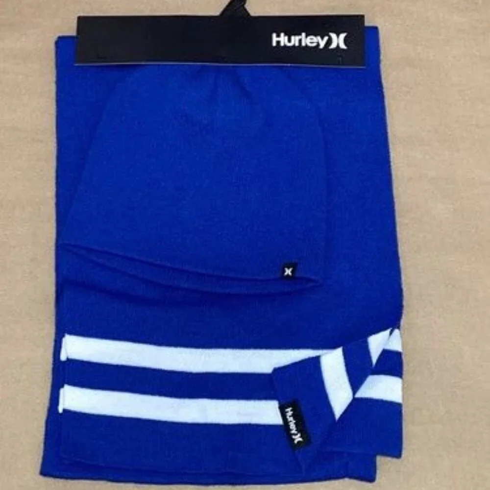 Hurley Men's New Yorker Beanie & Scarf 2 Piece Set Blue White Stripe